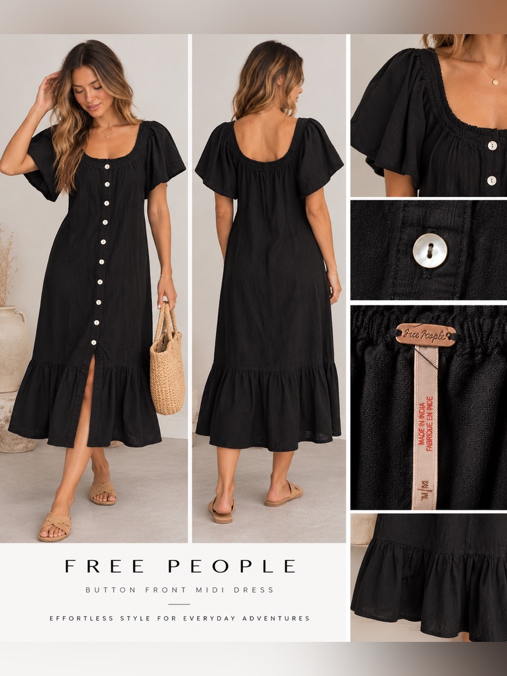 Free People Black Button Front Flutter Sleeve Midi Dress M